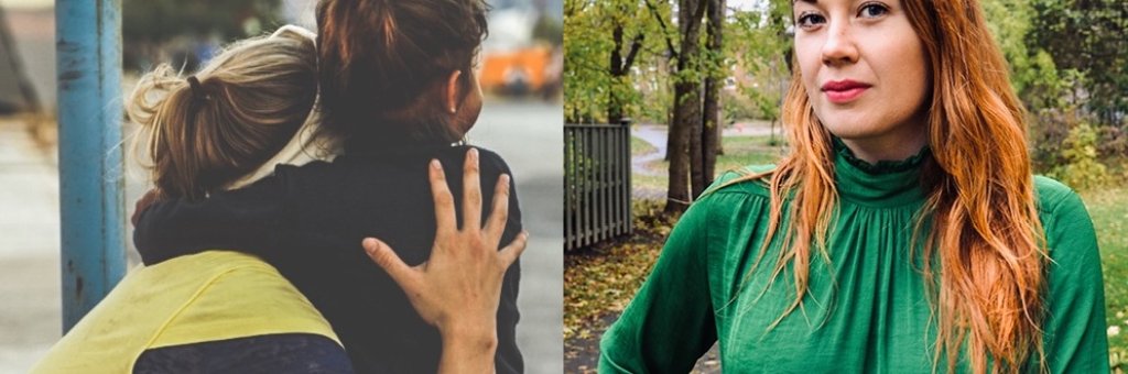 Kvinna håller om ett barn och skribenten Louise Frisk